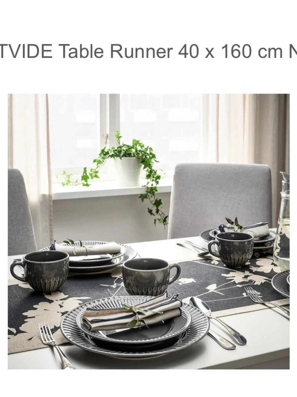 NWT IKEA SVARTVIDE Natural and Dark Grey Floral Table Runner with Fringe